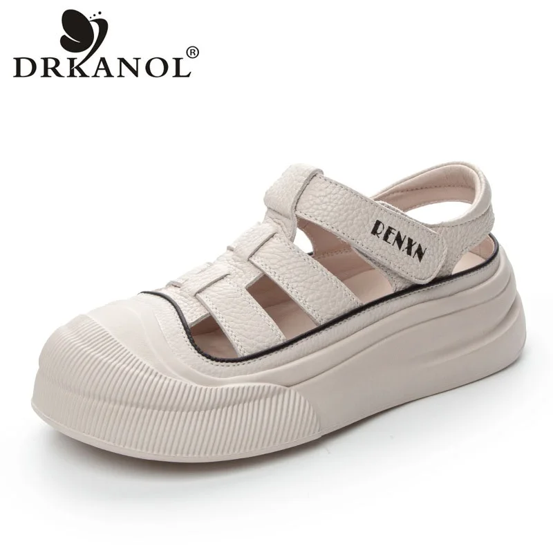 DRKANOL 2024 Summer Shoes Women Chunky Platform Sandals Genuine Leather Lace-Up Thick Bottom Hollow Lightweight Sneakers Sandals