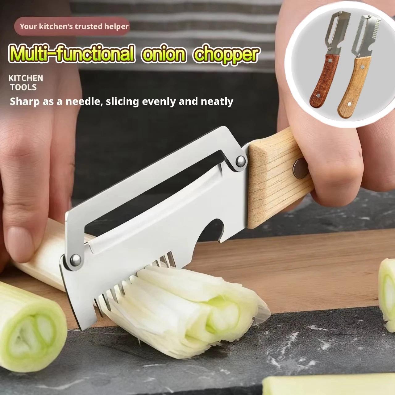 Descascador multifuncional de aço inoxidável com cabo de madeira maciça, utensílio de cozinha para descascar frutas e legumes._voghion.com