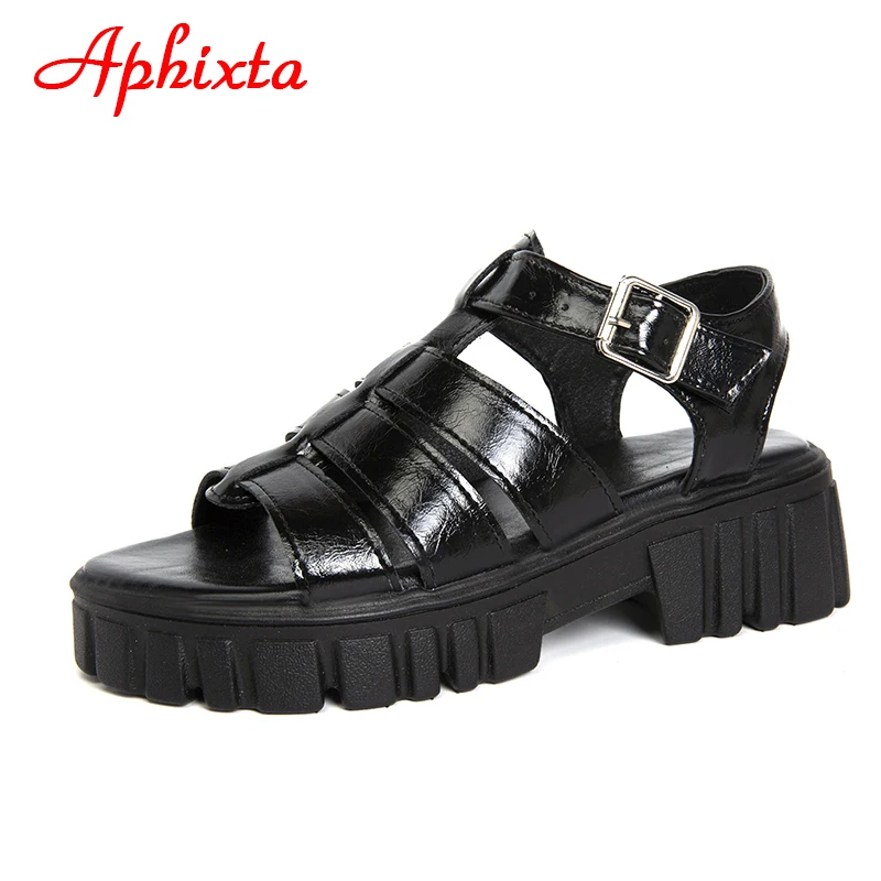 Aphixta 2022 Buckle Summer Platform Sandals Women Peep Toe Height Increasing Black Thick Bottom Cool Beach Buckle Shoes Slides