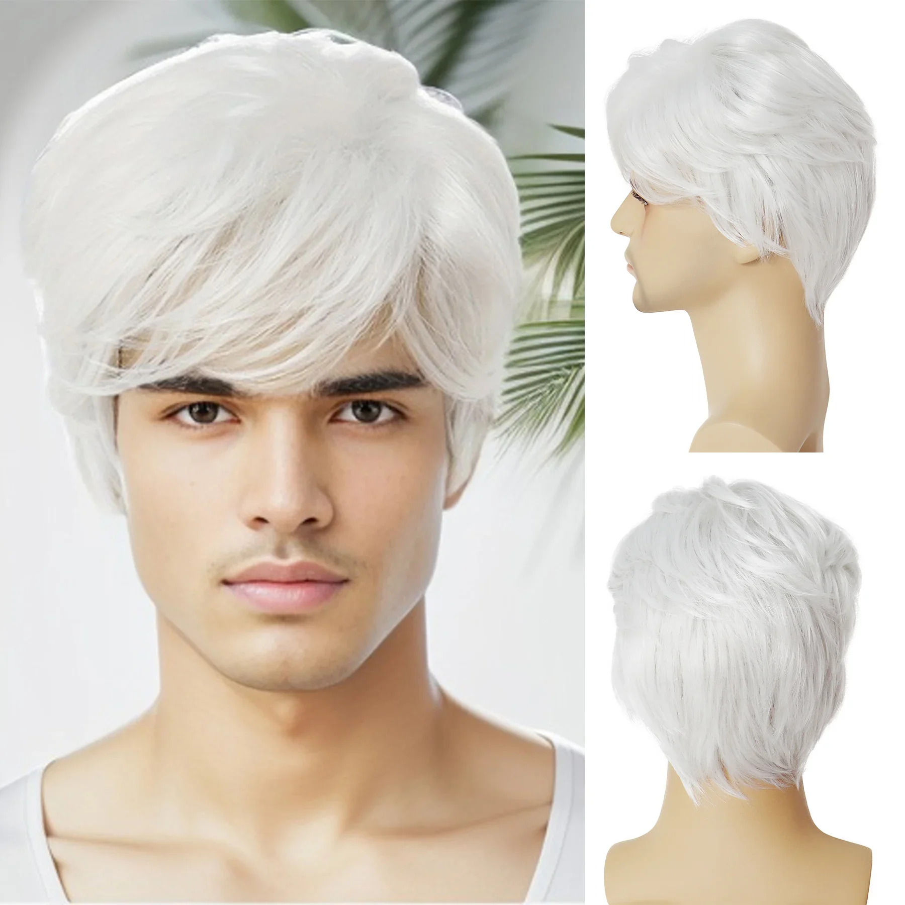 White Wigs for Men Synthetic Hair Short Wig with Bangs Natural Hairstyles Curly Blanche Wig Male Old Man Costume Carnival Party