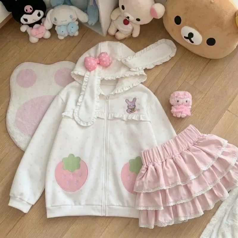 Japanese Original Lolita Soft Girl Cute Strawberry Sweater Autumn Rabbit Ear Embroidery Loose Casual Student Zip Hooded Jacket