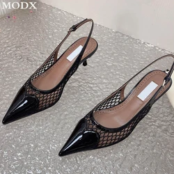 Pointed Toe Low Heel Sandals 2024 New Luxury Patent Leather PVC Splic Love Shape High Heels Mesh Elegant Simple Sexy Clean Pumps