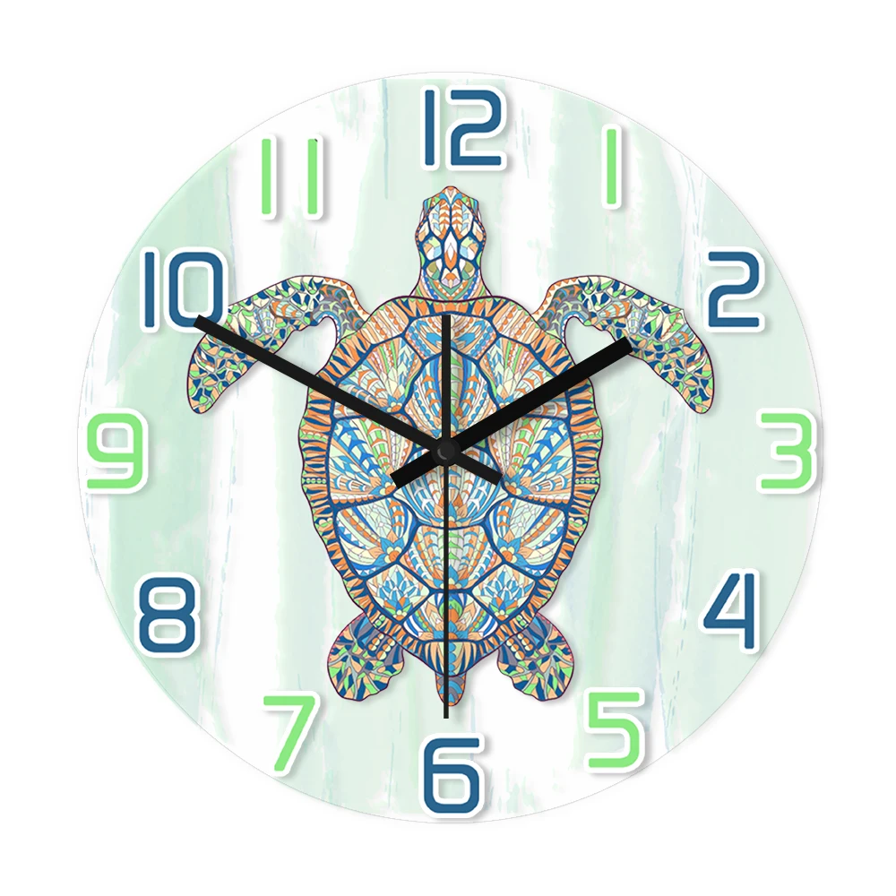 Sea Turtle Watercolor Painting Acrylic Wall Clock Home Decor Turtle Symbol Patterned of Longevity Tattoo Design Silent Watch
