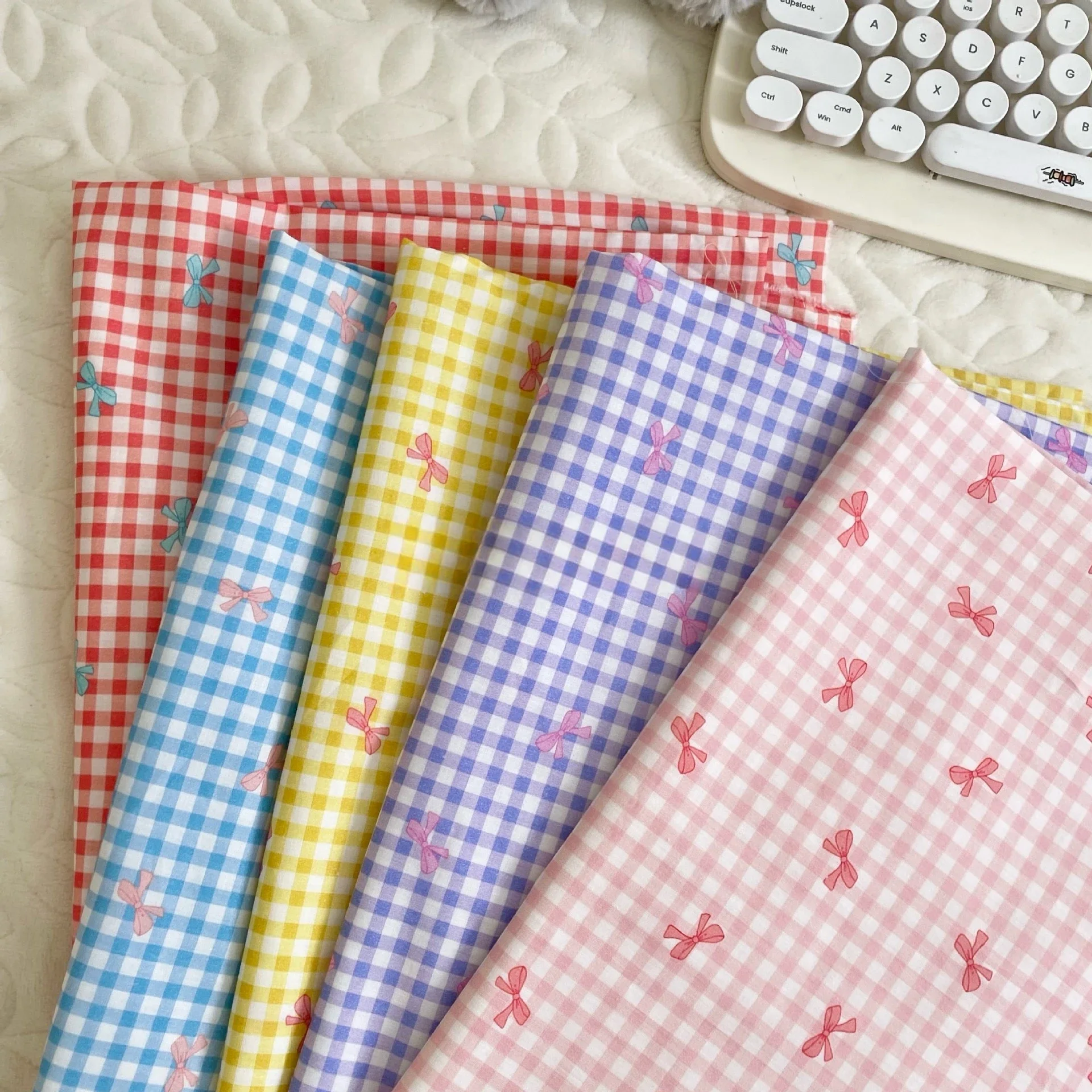 140x50cm Colorful Checkered Bow All Cotton 60s Printed Fabric for Dress Shirt Sleepwear Home Children's Clothing Cloth