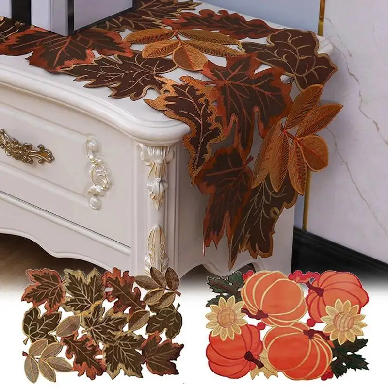 

Thanksgiving Embroidered Pumpkin Placemats Set Orange Cutwork Fall Kitchen Table Mats Rustic Farmhouse Harvest Home Decor Gift