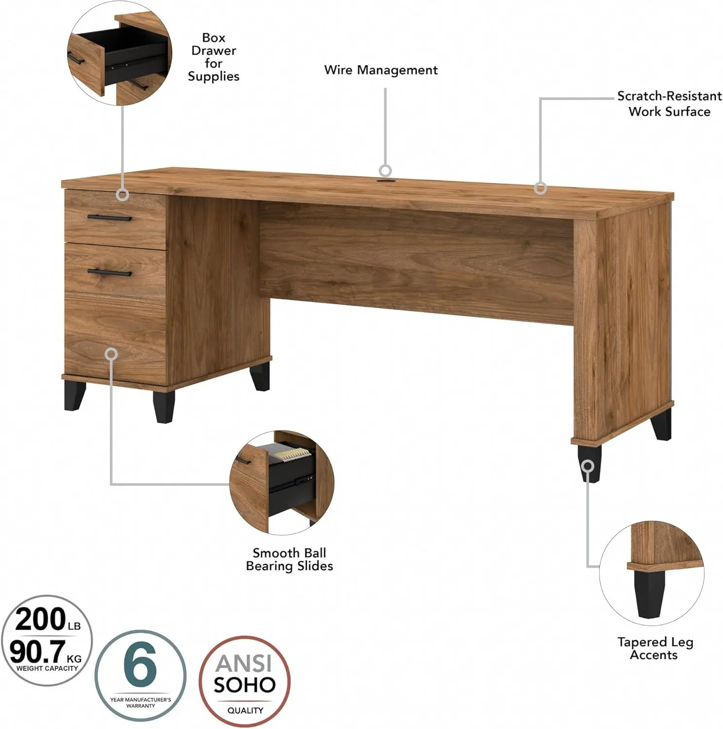 Bush Furniture Somerset โต๊ะทํางาน 72W พร้อมลิ้นชักและที่เก็บของในวอลนัทสด |   โต๊ะคอมพิวเตอร์ไม้ขนาดใหญ่สําหรับโฮมออฟฟิศ W