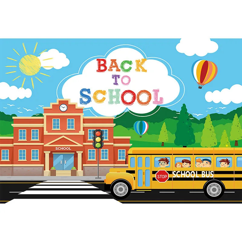 Avezano พื้นหลังสำหรับถ่ายภาพกลับไปที่ห้องเรียนรถบัสท้องฟ้าแสงแดดสีฟ้าเมฆงานเลี้ยงของเด็กฉากหลังของตกแต่งสตูดิโอถ่ายภาพ