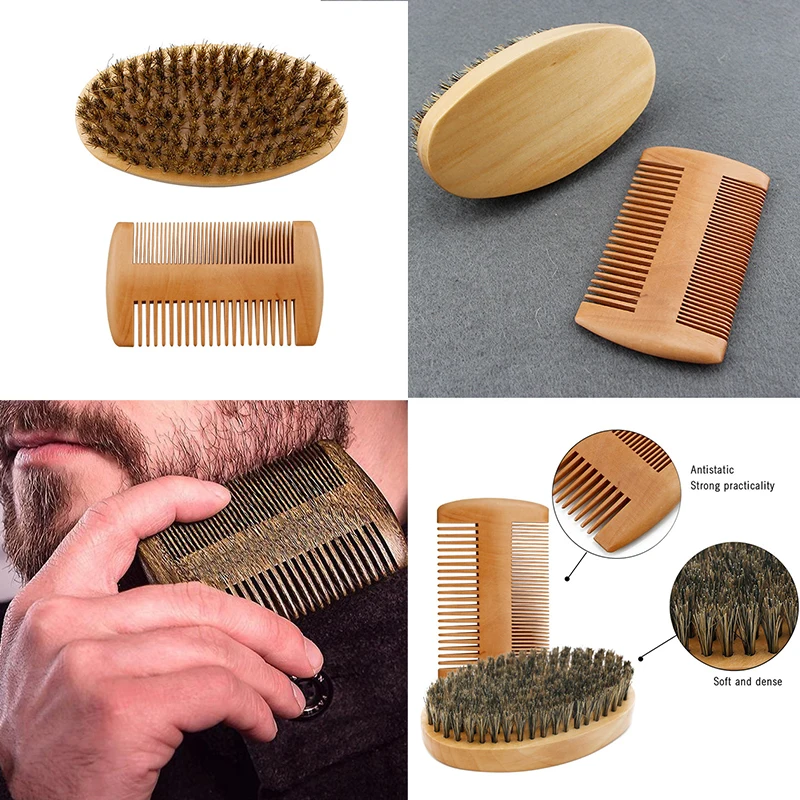 New Professional Soft Boar Bristle Beard Brush Scissors Shaving Brush Comb Men Mustache Comb Kit With Gift Bag Beard Comb Set