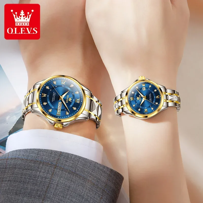 OLEVS 2906 relojes de pareja de cuarzo con fecha a la moda, reloj de lujo superior para hombres y mujeres, reloj de pulsera de acero inoxidable resistente al agua