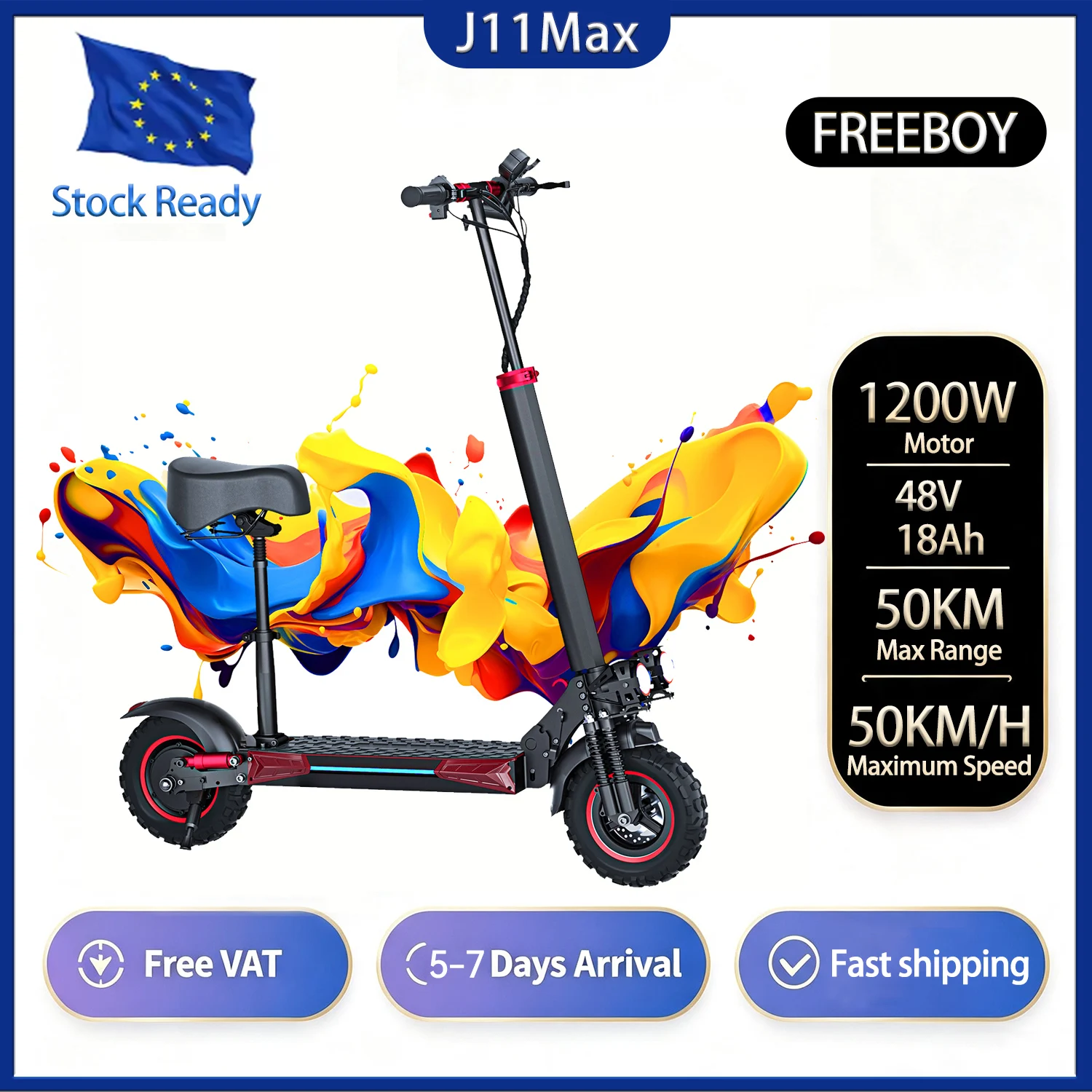 Monopattino elettrico FREEBOY J11MAX: motore da 1200 W, batteria da 48 V e 18 Ah, velocità massima di 50 km/h, adatto anche a terreni accidentati, dotato di sedile.