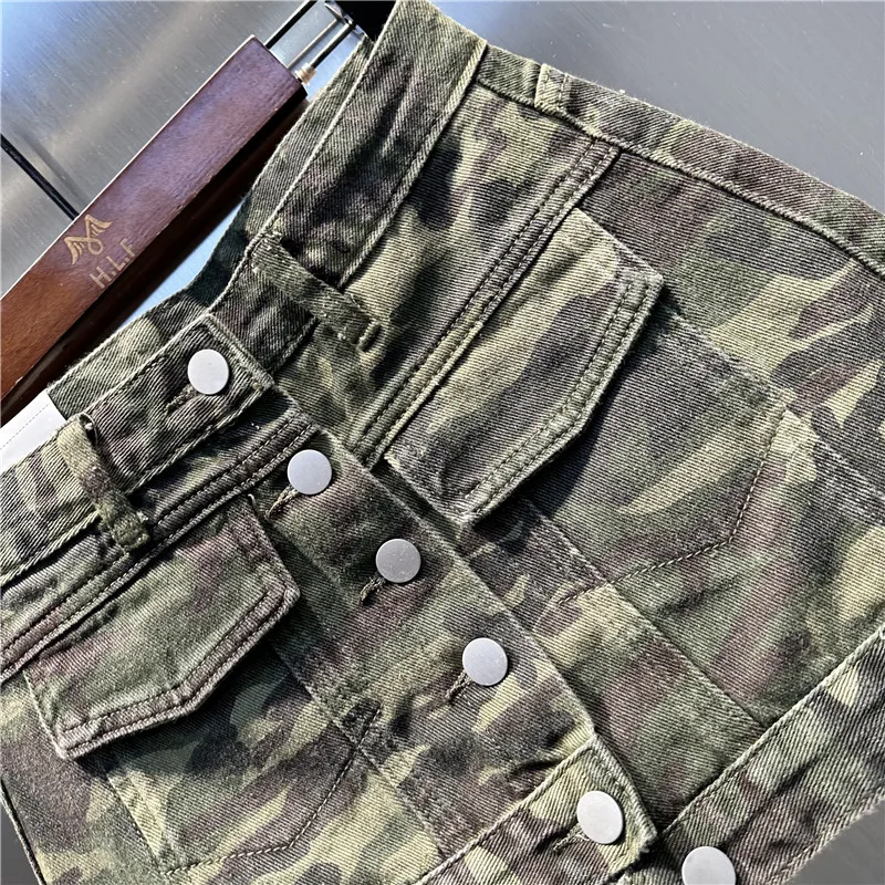 American Single Breasted Camouflage Denim Skirt Women 2026 Summer Asymmetry A Line Hip Wrapped Mini Skirt Street Fashion
