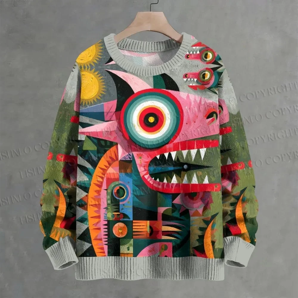 Men's Abstract Lizard Crew Neck Sweater Print Knit Sweatshirt Women For Men Sweater