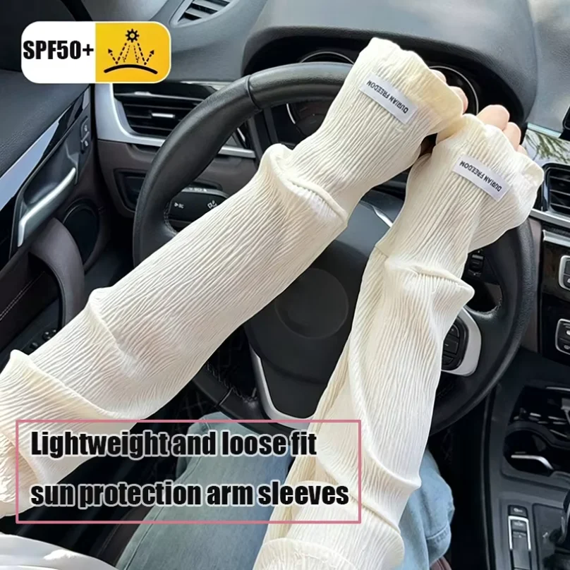 Wrinkle Ice Silk Arm Sleeves for Women Loose Fit Casual Outings Korean Style Driving Breathable