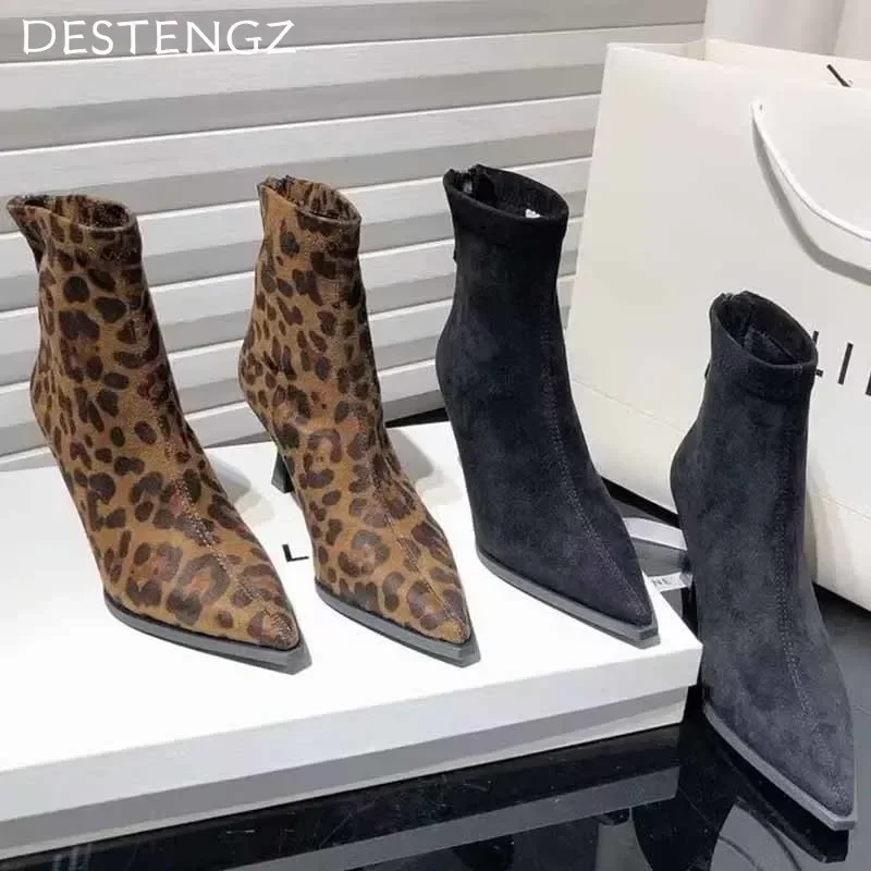 Leopard High Heels Ankle Boots Pointed Toe Fashion Suede Walking Shoes Brand Pumps Designer Dress Goth Botas Mujer