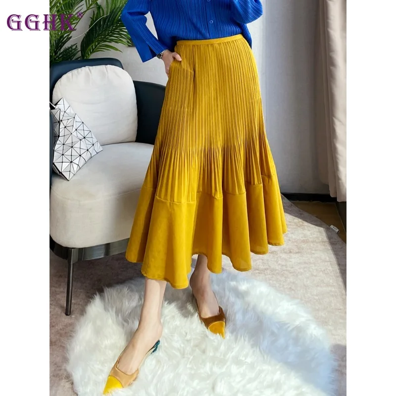 

GGHK Miyake High-quality Women's Pleated Skirt Solid Color Classic Retro 2026 Spring New Item Slimming Loose A-line Skirt