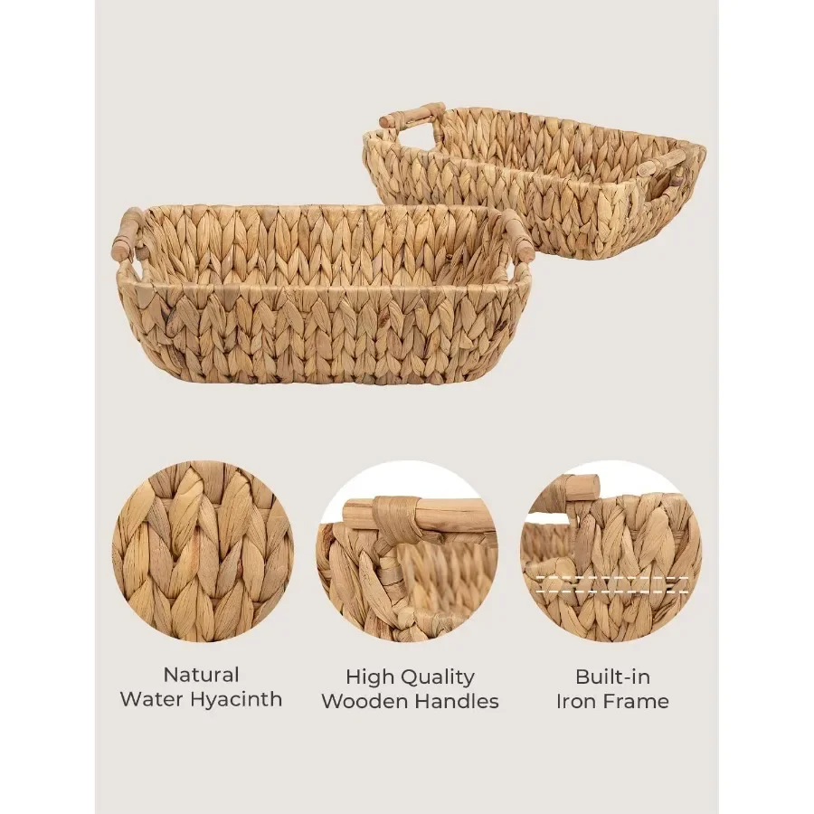 Hand-Woven Large Storage Baskets 2-Pack, Wooden Handle Water Hyacinth Wicker Organizer for Home Decor & Closet