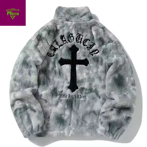 Streetwear Vintage Fleece Jacket Cross Embroidery Oversized Casual Fluffy Fuzzy Zipper Coat Harajuku Hip Hop Men Jackets 2023