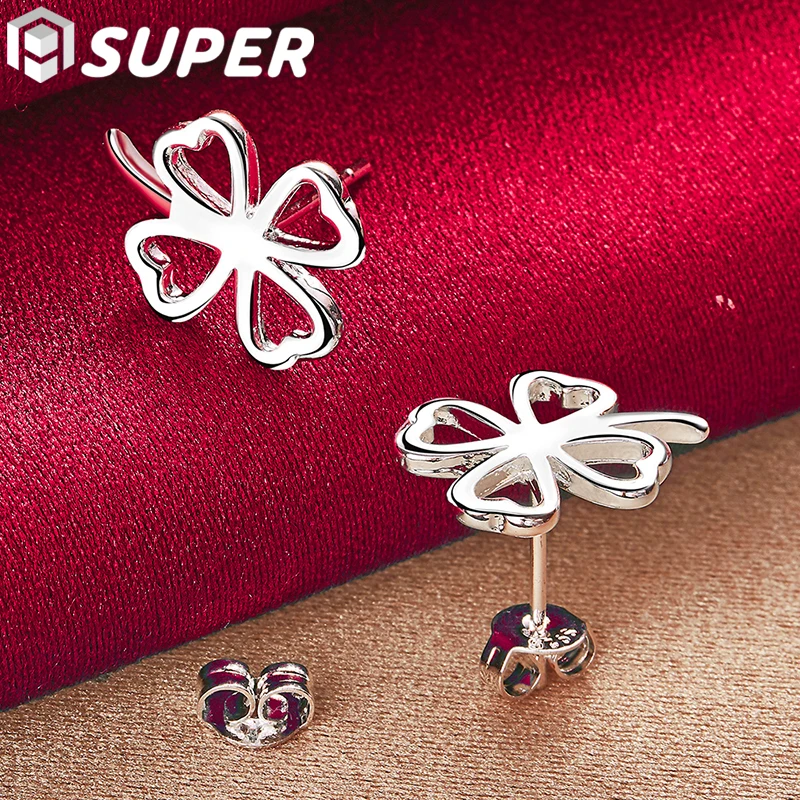 

925 Sterling Silver Four-Leaf Clover Stud Earrings For Wedding Engagement Fashion Party Charm Jewelry