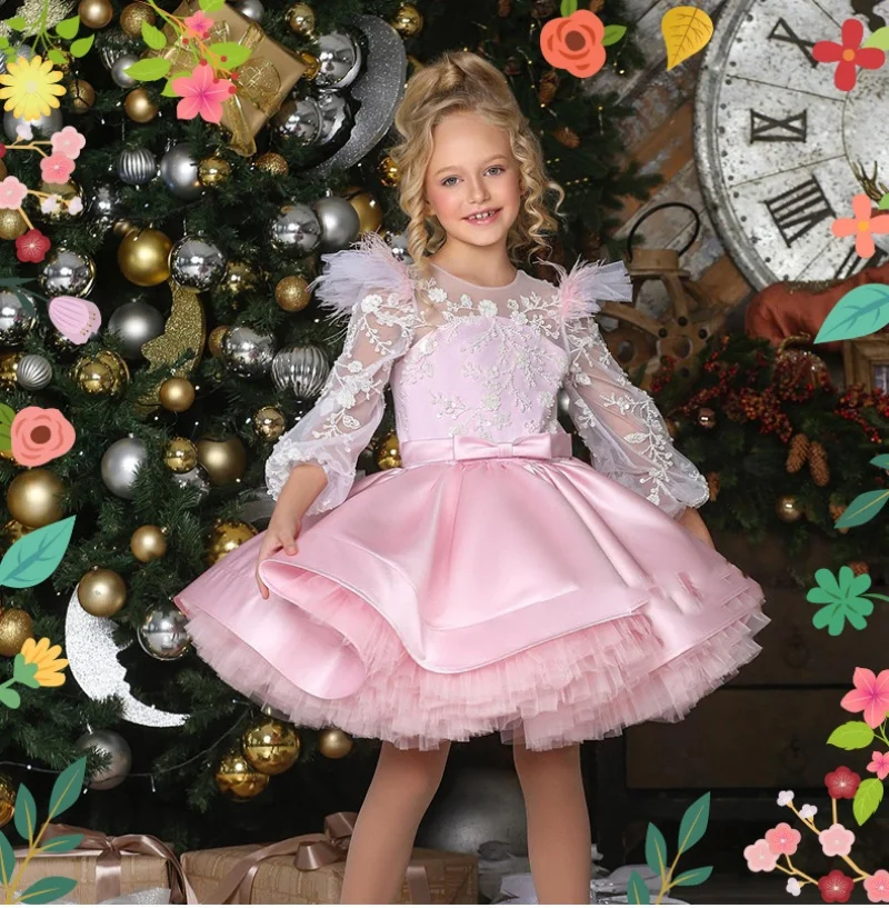 

New Tailored Girls Birthday Party Dress with Bow Girl Long Sleeve Lace Baby Tutu Gown Princess Outfit Kid 1-14T