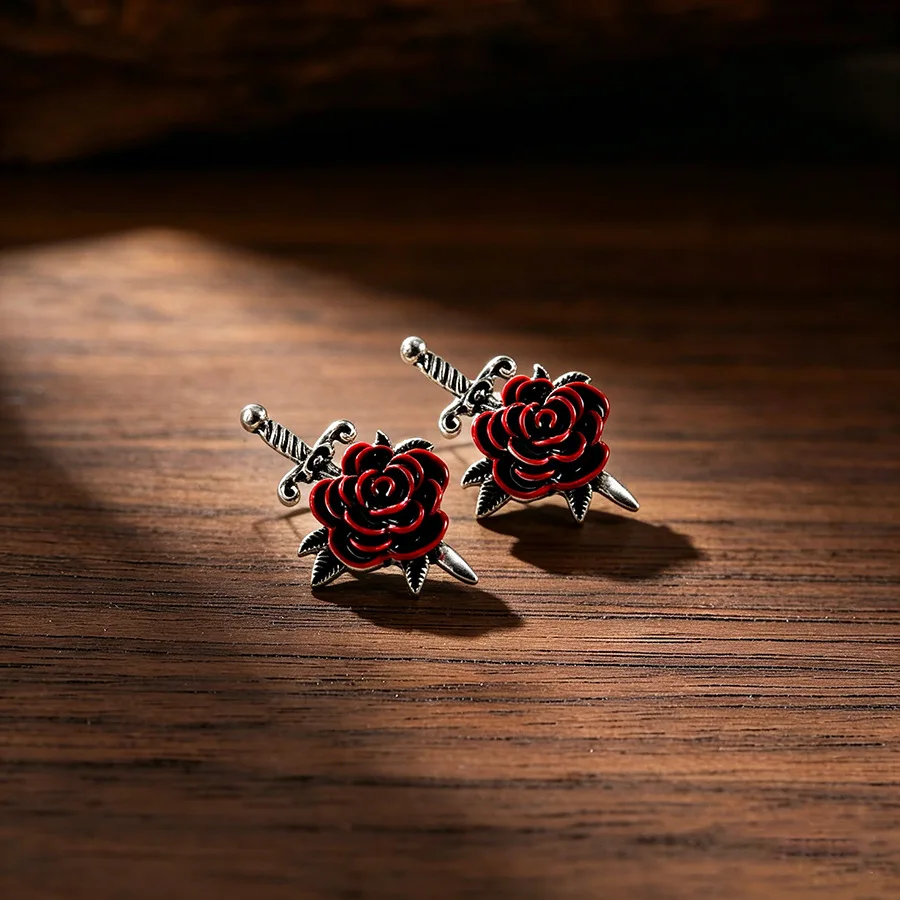 Vintage Sword Rose Stud Earrings Gothic Punk Niche Creative Personality Earrings Fashion Retro Jewelry for Women Men