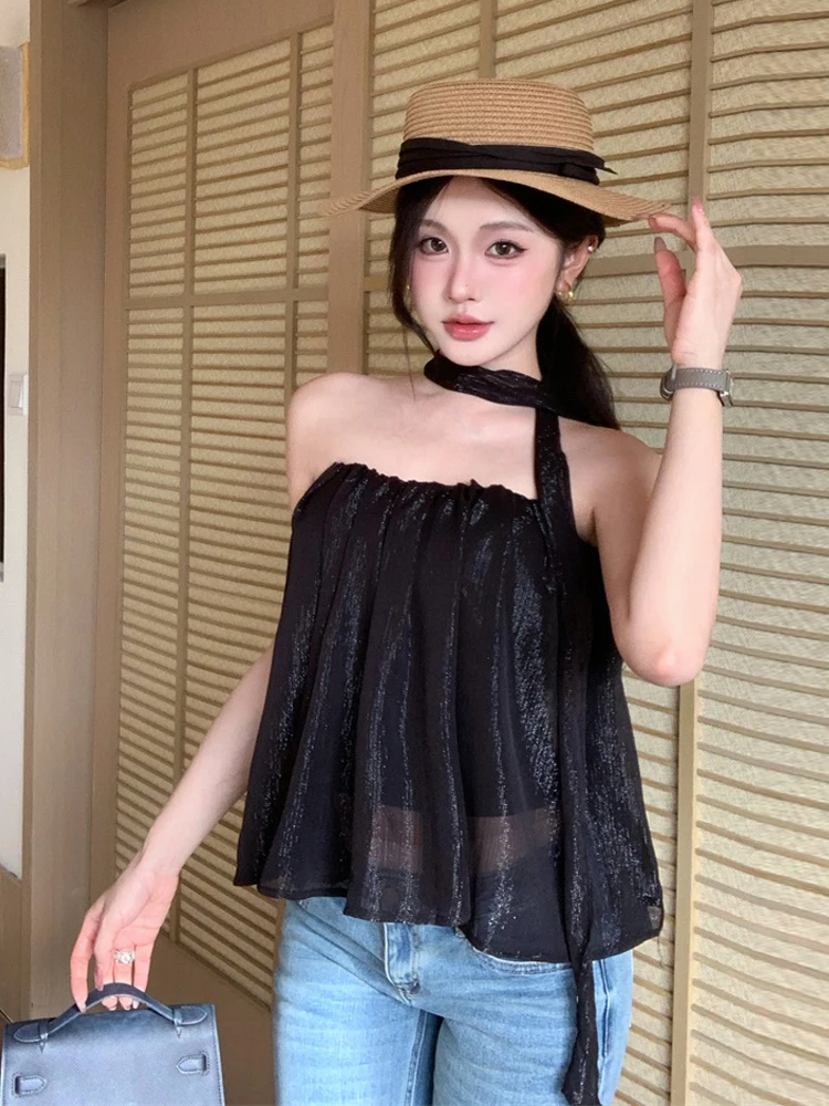 Sexy Backless Shiny Thread Vest Versatile Sleeveless Elegant Design with Chest Pad Casual Wear for Young Women Summer Fashion