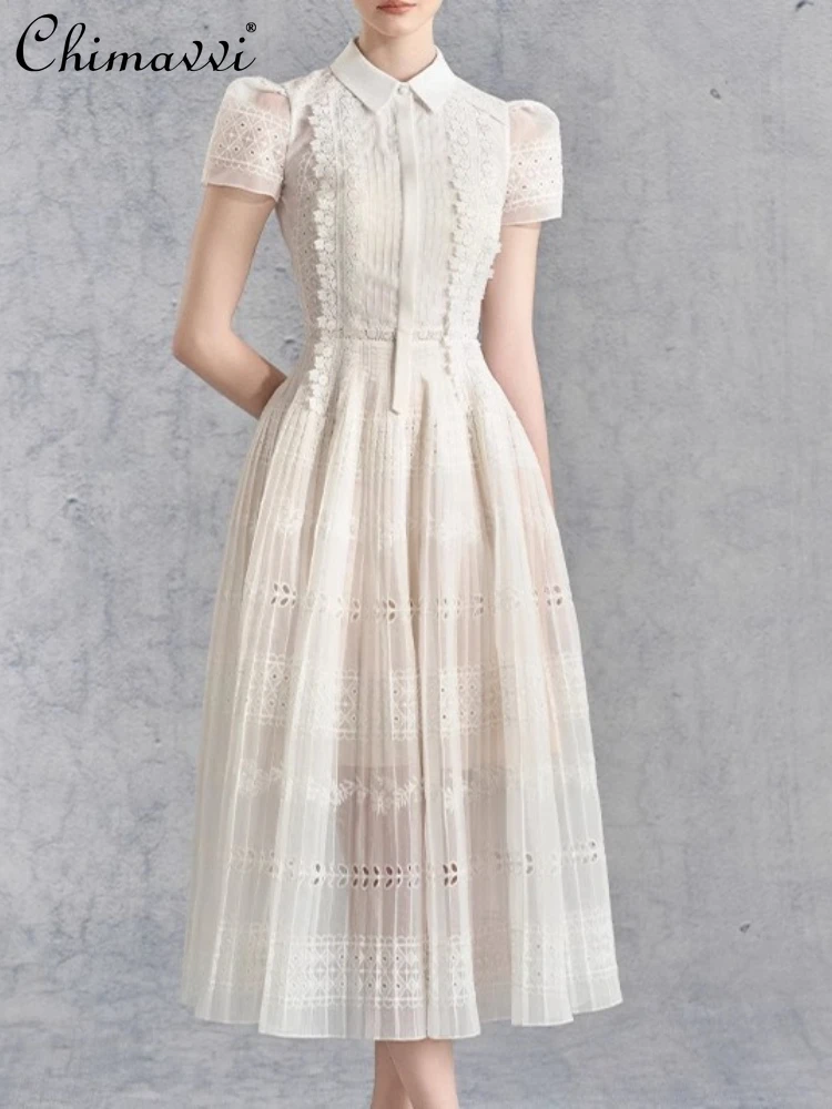 

Элегантные французские летние повседневные платья знаменитостей с вырезом поло и рукавами-пузырьками и вышивкой, тонкое длинное платье трапециевидной формы с высокой талией для женщин