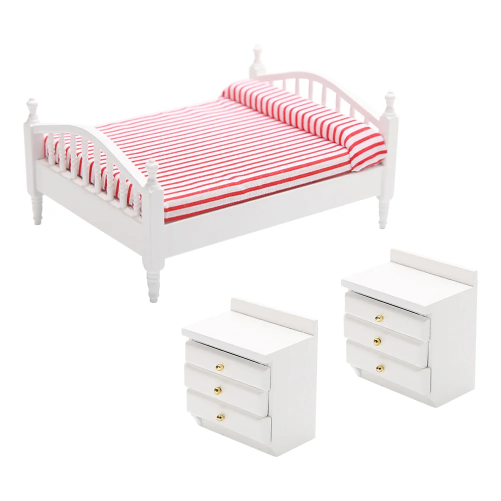 Simulación de cama doble, casa de juguete de madera para niños, Mini muebles decorativos, tela Adorable, suministros para niños