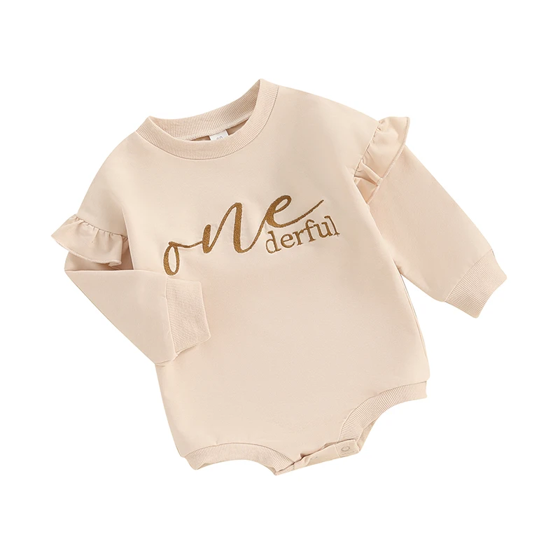 Baby Girl Long Sleeve Romper Round Neck Letter Embroidery Frill Trim Jumpsuit First Birthday Outfit Infant Toddler Clothes