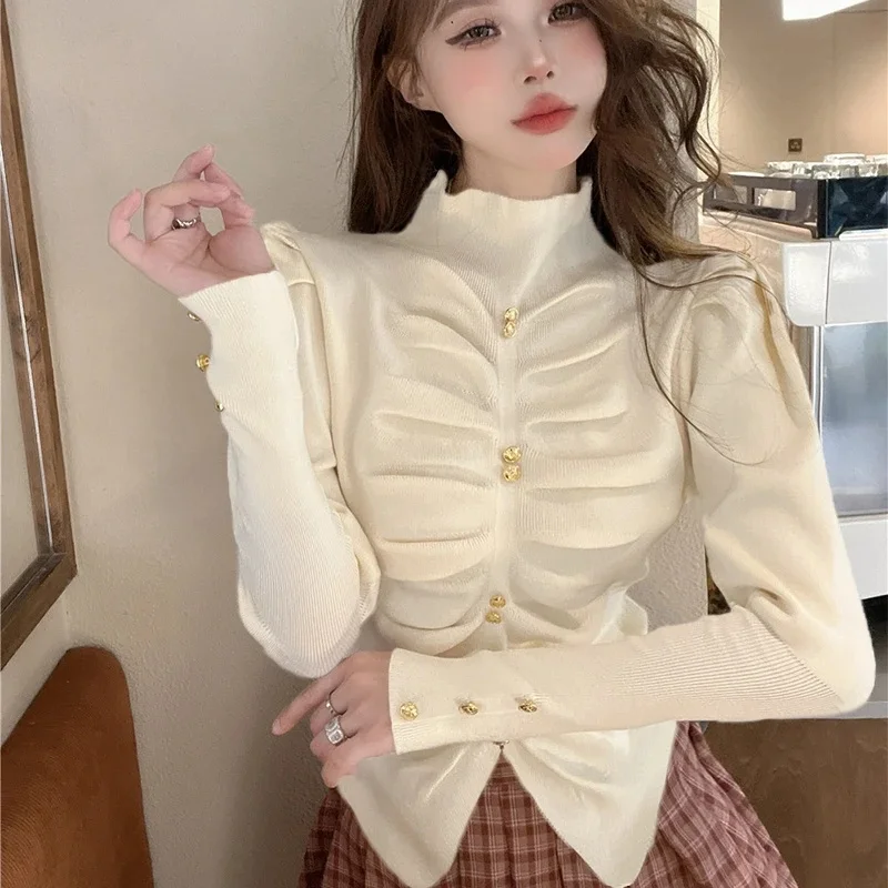 

Small Fragrant Style Bubble Sleeve Knitted Sweater Women's Autumn Winter Half High Collar Sweater Bottom Shirt Fashion Top