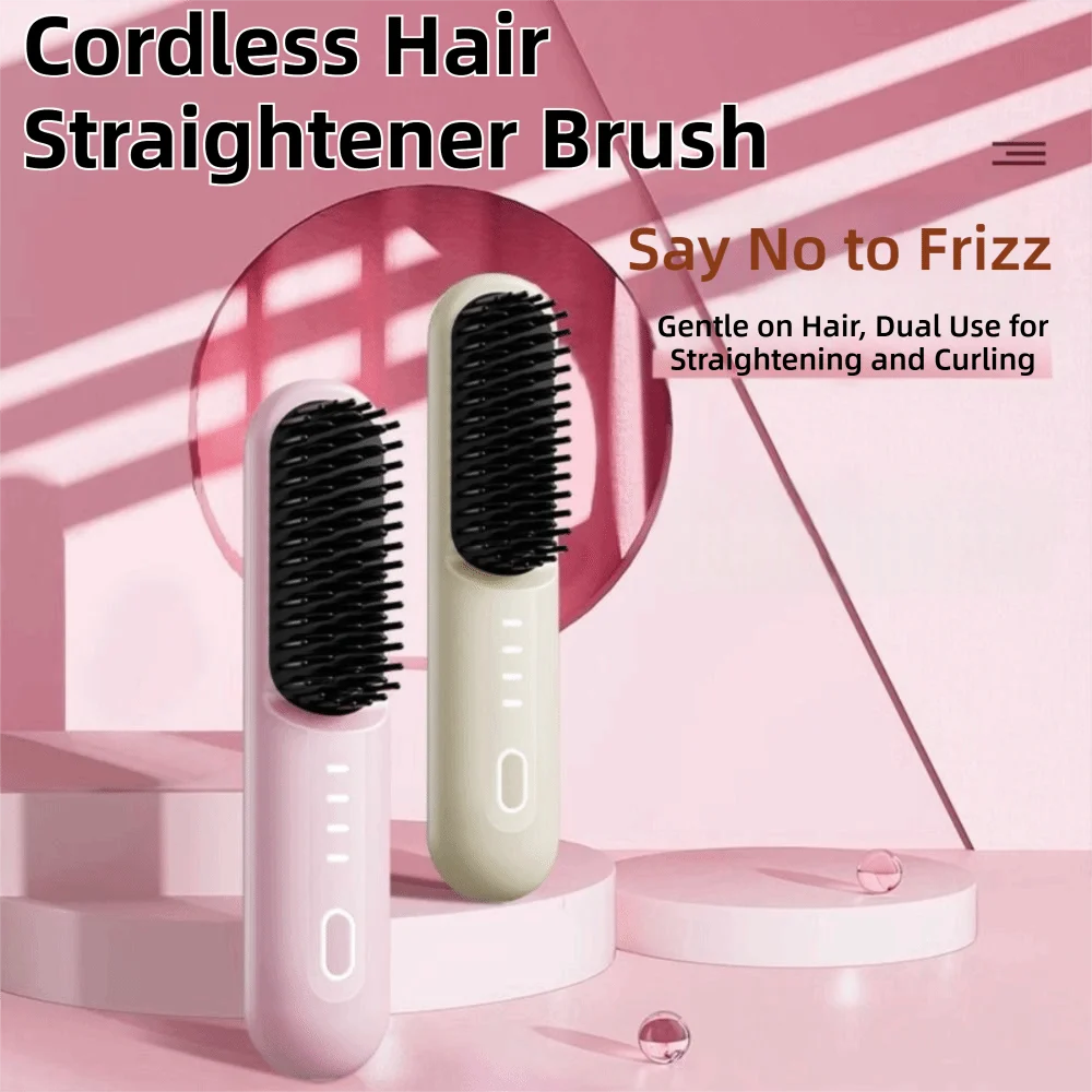 Cordless Hair Straightener Brush 4 Temp Settings Ceramic Coating Hair Straightener Comb Fast Heating Rechargeable Hot Comb Women