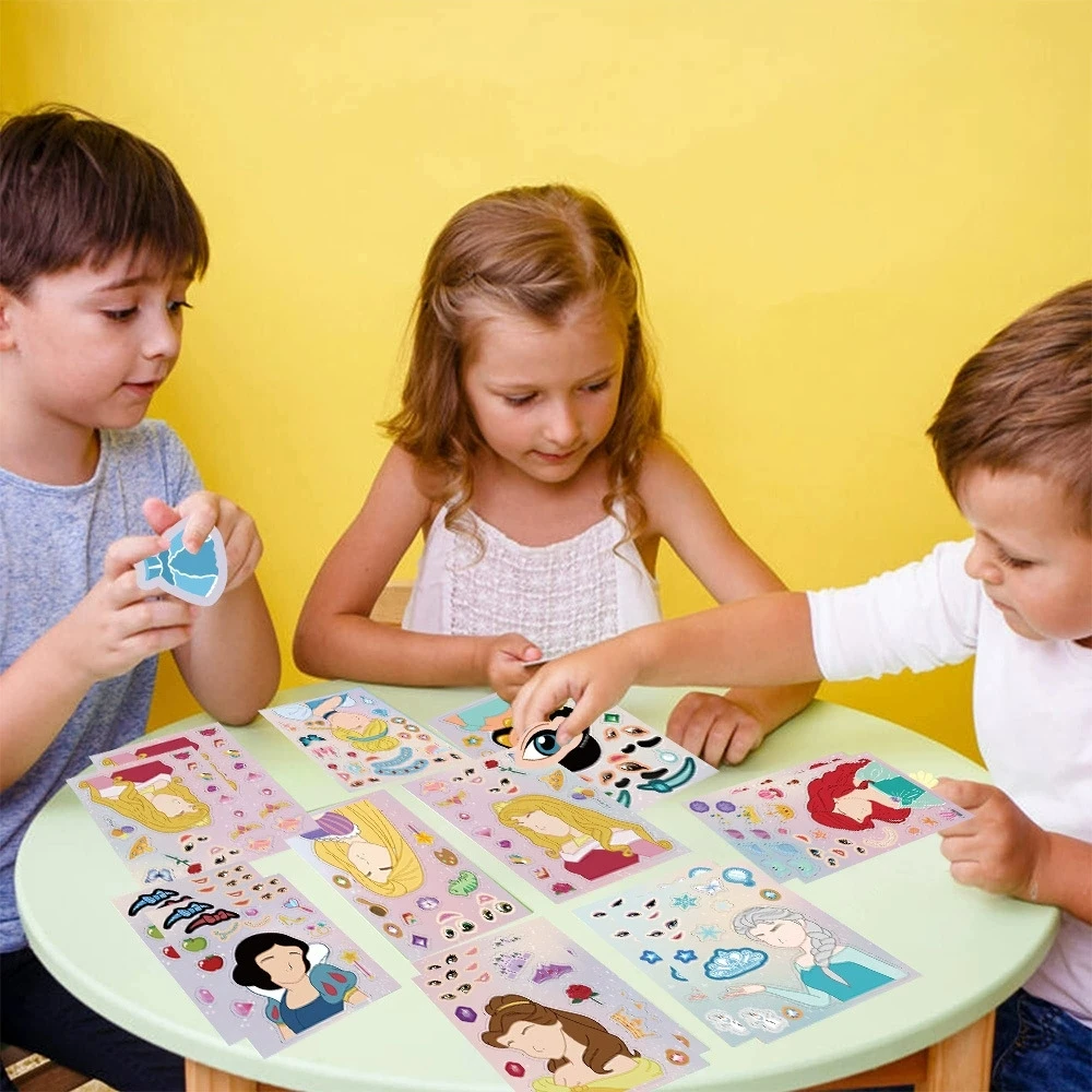 16PCS 장난감 퍼즐 스티커 만화 공주 얼굴 변경 스티커 만들기 DIY 방수 수공예품 고정 스티커