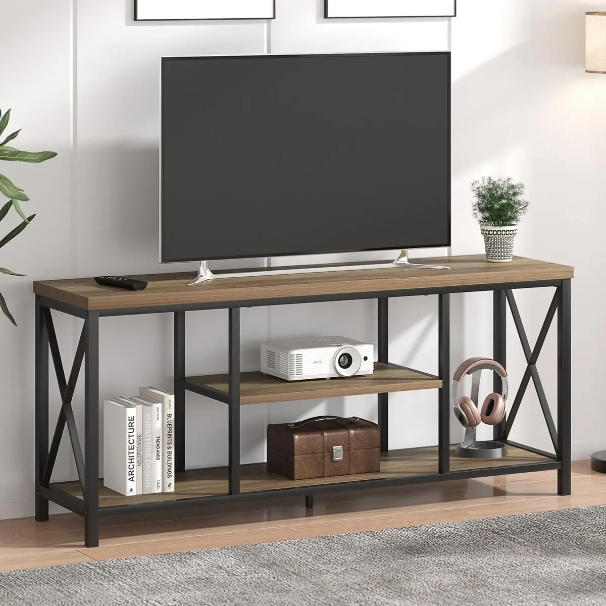 FOLUBAN TV Stand for TV up to 65 inch, Rustic Wood and Metal Entertainment Center with Storage Shelves, Modern Industrial Media