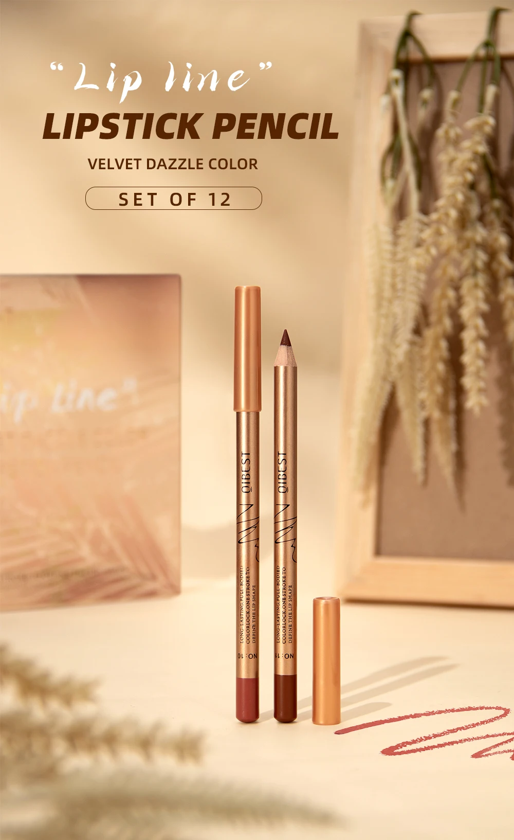 QIBEST 12 Farben Lippenstifte Matte Lipliner Bleistift Wasserdicht Lippenstift Lip Liner Stift Glatte Nude Lippenstift Stifte Für Lippen Make-Up – Detail 1