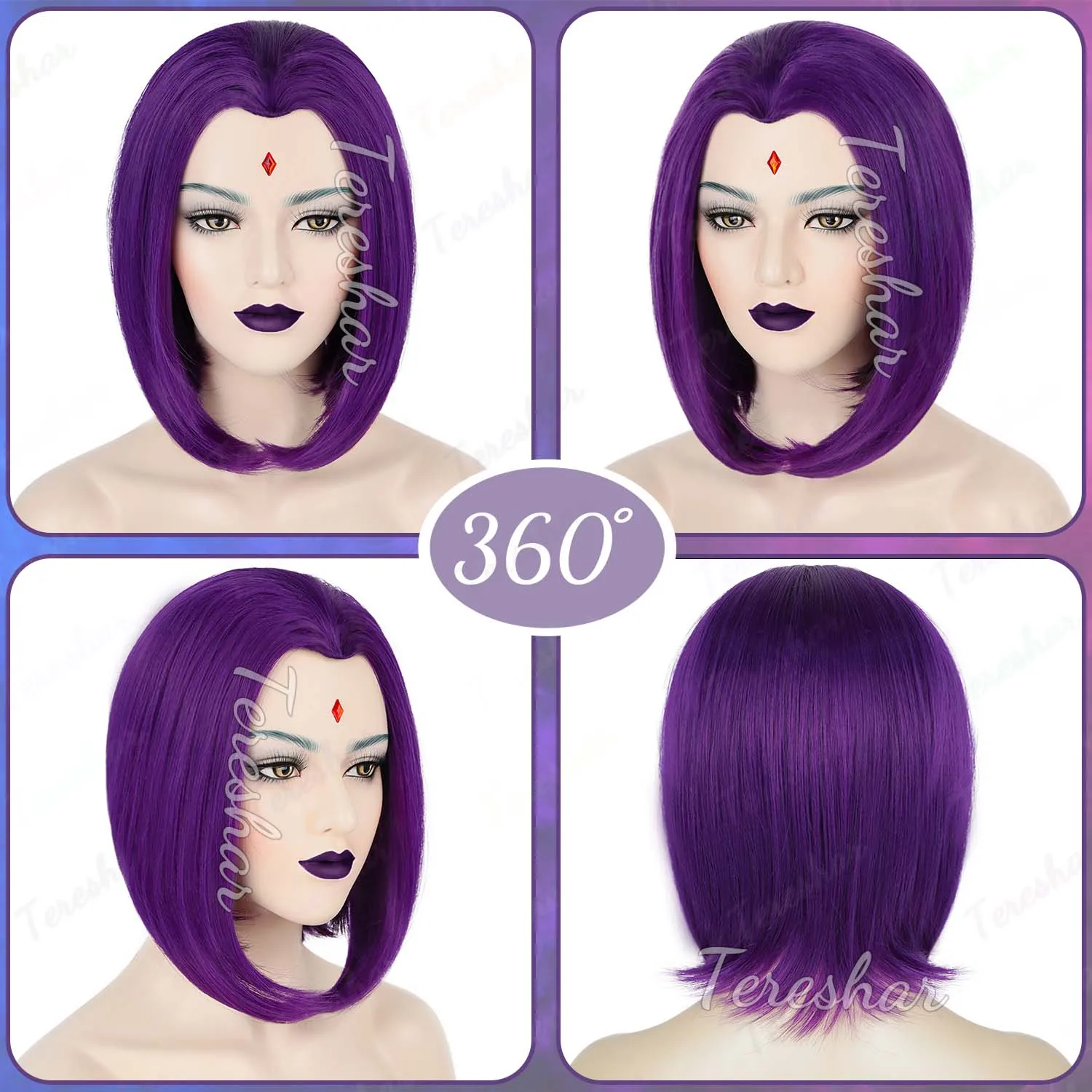 Synthetic Short Purple Costume Wig for Raven Superhero Cosplay Straight Short Bob with Ruby Sticker for Dress Up Party Festival