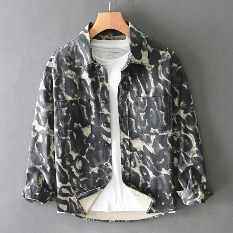 

Japanese Fashion Mens Long Sleeve Printed Shirt Youth Streetwear Loose Top Spring Pure Cotton Casual Shirts Vintage Shirt Men