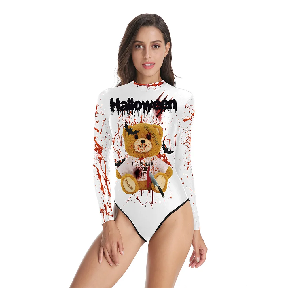 ชุดว่ายน้ำวันฮาโลวีนลายพยาบาลเปื้อนเลือด แขนยาว พิมพ์ลาย ช่วยให้ดูผอม เซ็กซี่ แบบชิ้นเดียว เสื้อยืด สตรีทแฟชั่น สำหรับผู้หญิง