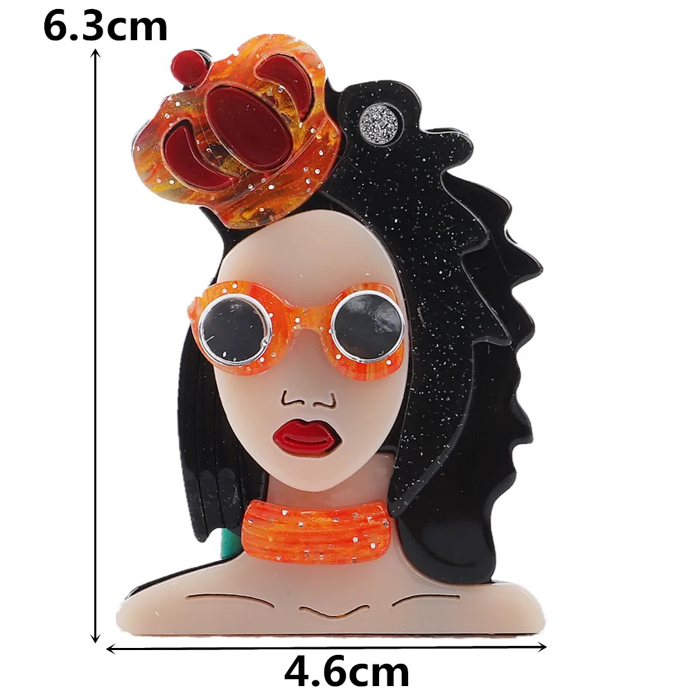 Punk Cool Black Hair Lady Wear Crown Acrylic Brooches For Women Resin Figure Glasses Grils Brooch Lapel Pins Fashion Jewelry Gif