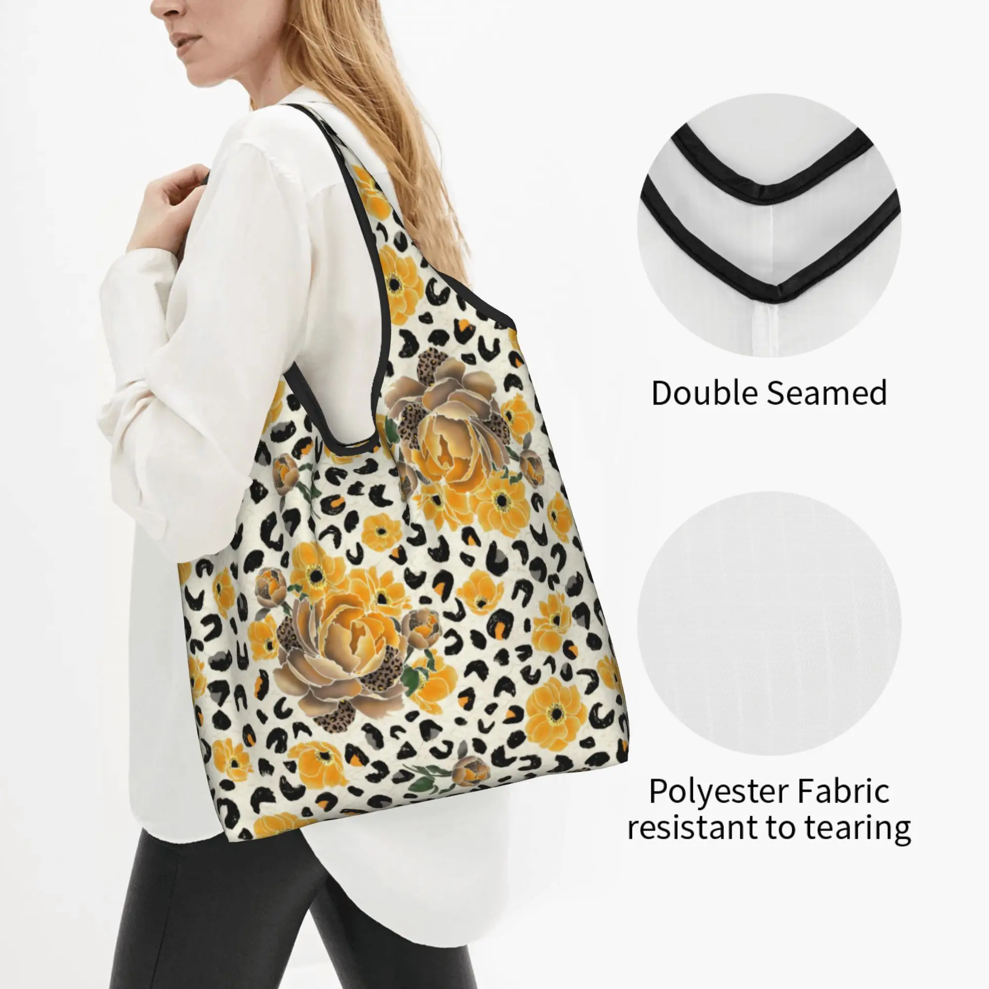 Recycling Floral and Leopard  Shopping Bag Women Tote Bag Portable Wild Bloom Yellow  Grocery Shopper Bags