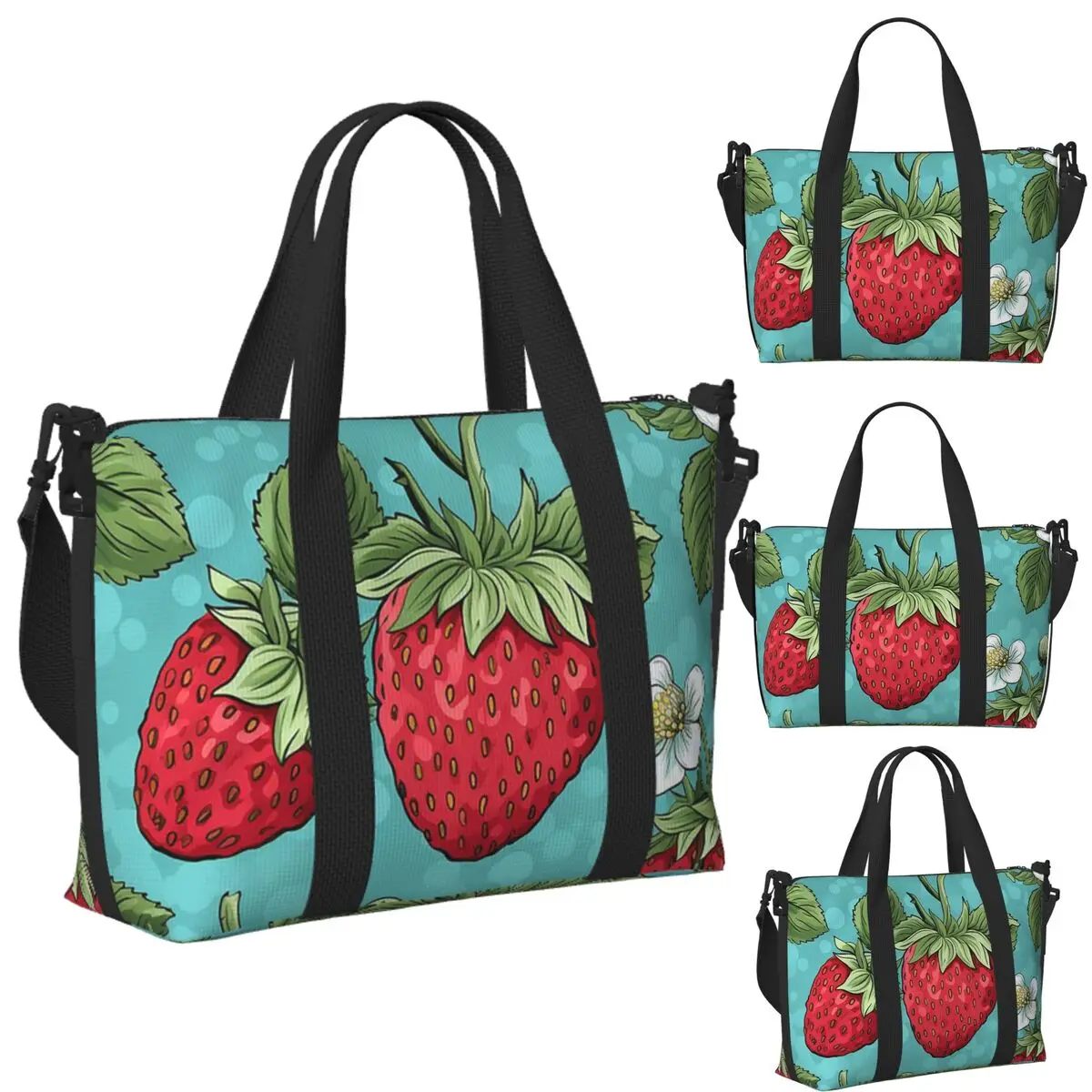 

Custom Beautiful Highly Stylized Strawberry With Flowers Pattern Beach Travel Bag Tote Bags Women Shopping Duffle Shoulder Bag