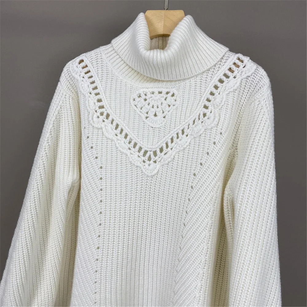 Autumn 2024 Women\'s Heavy-Duty Crochet Hollow Cashmere Turtleneck Pullover Sweater