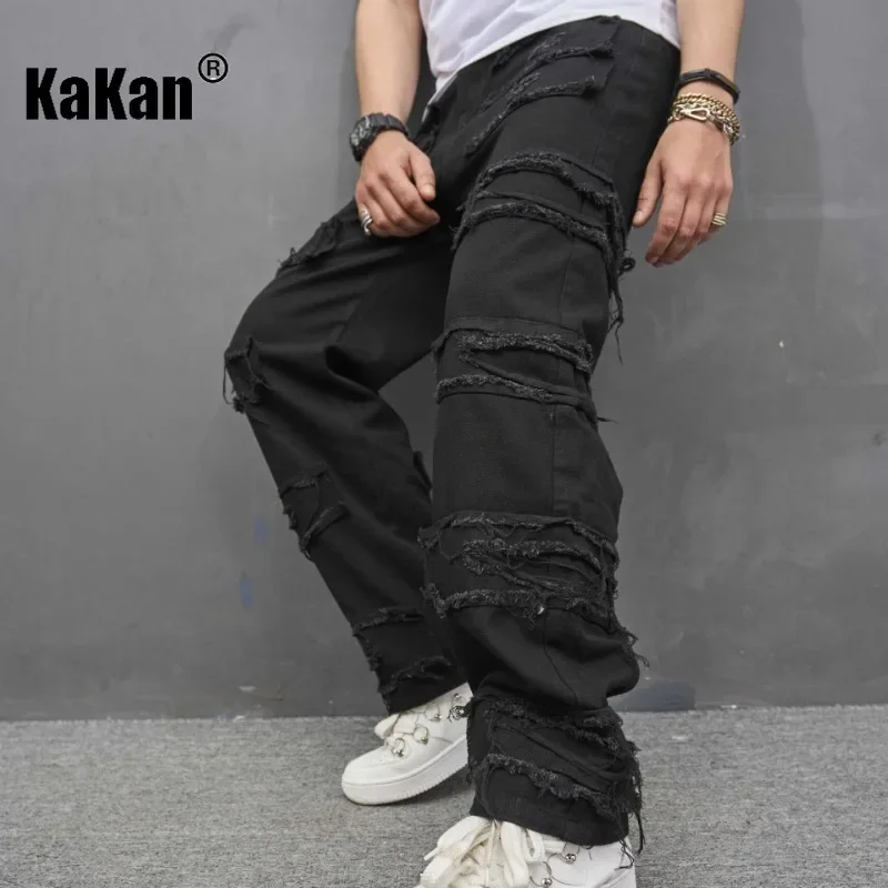 Kakan-Jeans Masculino Preto Buraco Solto Patch, Jeans Longo Retro Casual, Tendência Europeia e Americana, K78-010, Novo