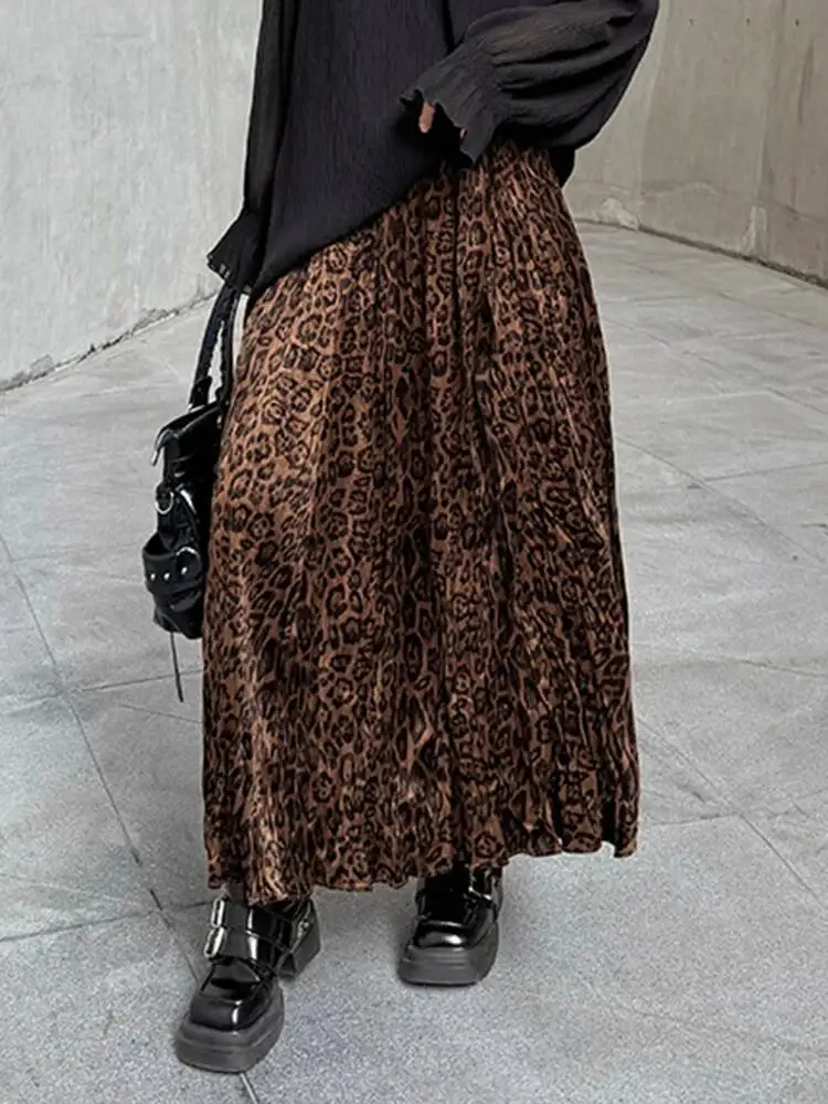 

High Elastic Waist Leopard Print Pleated Vintage Long Half-body Skirt Women Fashion Tide New Spring Autumn