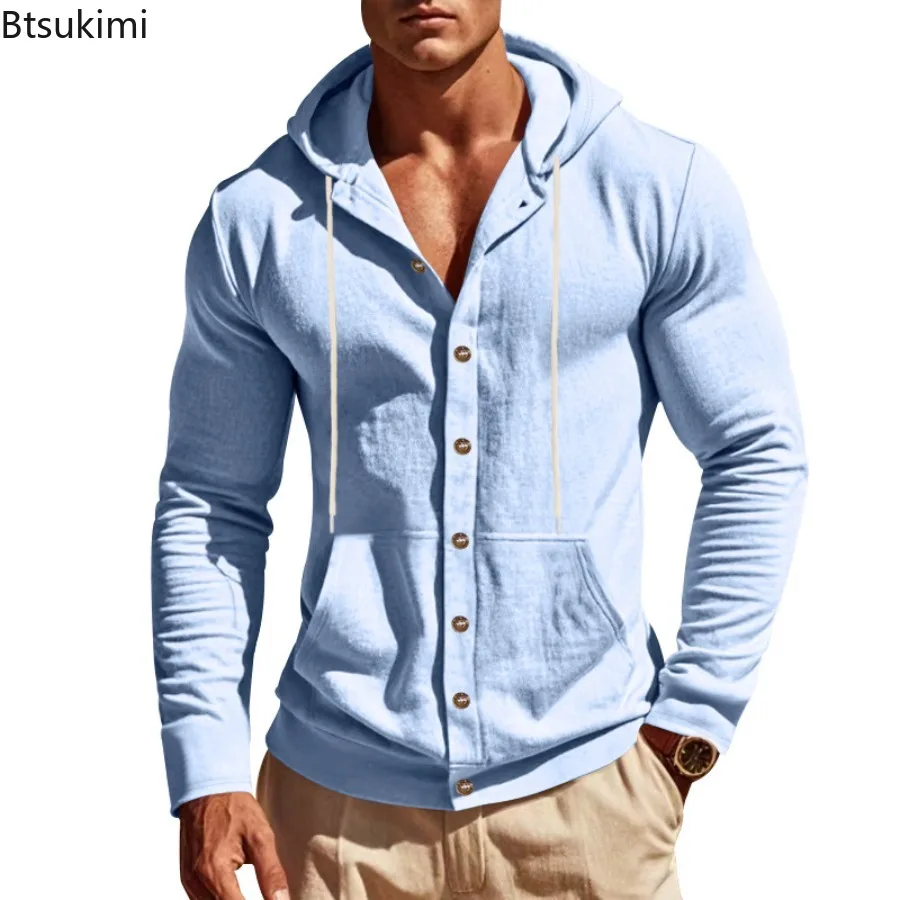 2026 New Men's Cotton Linen Hooded Shirt Long Sleeve Solid Casual Oversized Beach Shirt Lightweight Breathable Linen Blend Shirt
