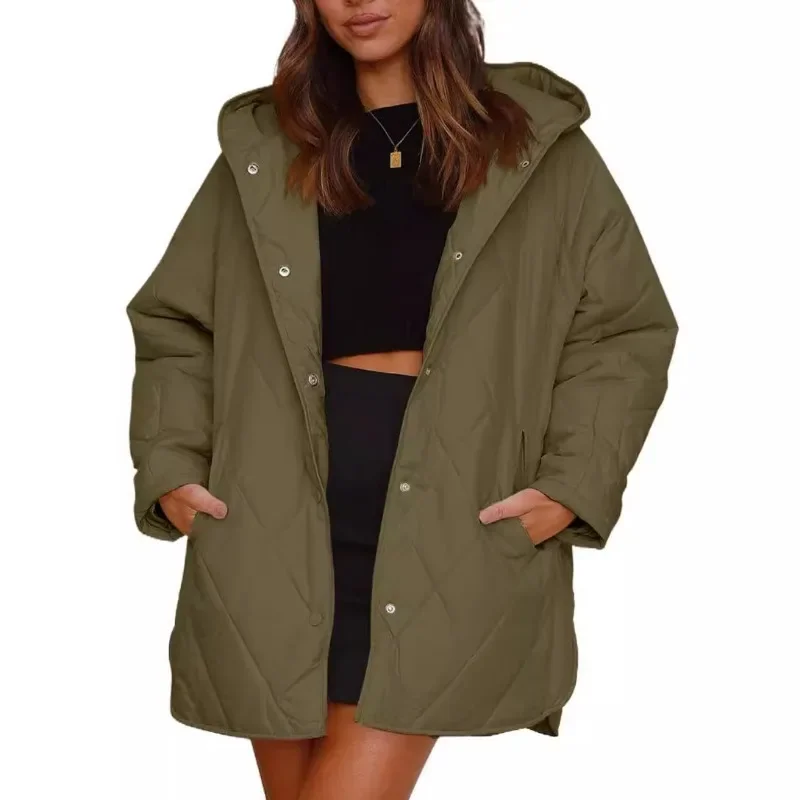 Fashion 2025 Winter Quilted Coat For Women Casual Hooded Lightweight Thicken Warm Jackets Button Down Oversized Women'S Coat