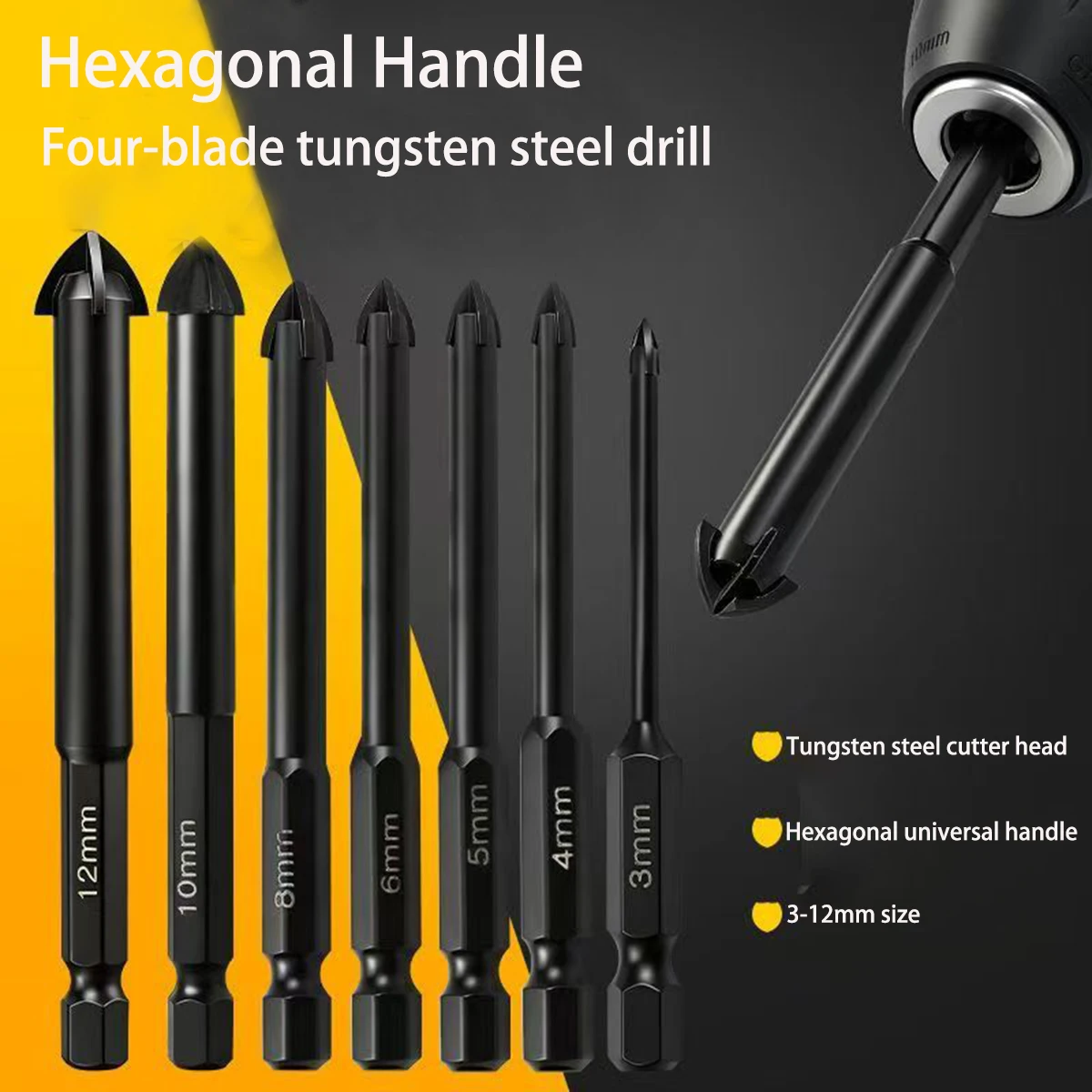 

10Pcs 3-12mm Cross Hex Drill Bit Set For Tile Porcelain Glass Mirror Multifunction Tile Porcelain Drill Bit Kit Tools