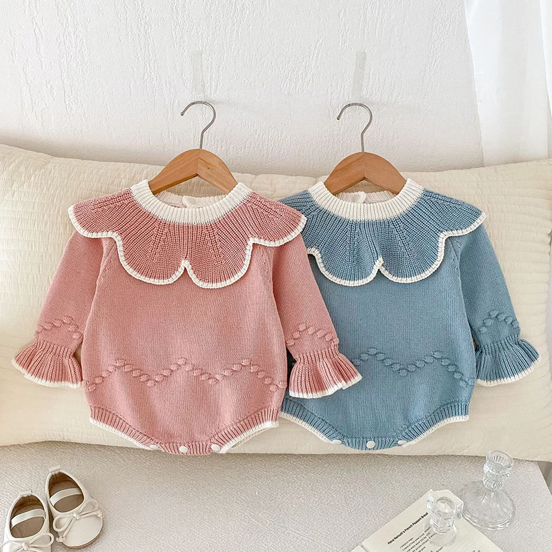 Baby Knitted Bodysuit Infant Girl Newborn Clothes Hand-Made-Ball Collar Long Sleeve Jumpsuit Outfit Baby Autumn Clothing Sweater