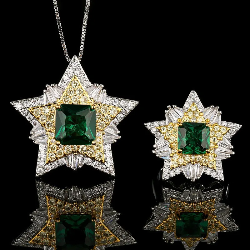 Women  Star Jewelry Set Square Simulated Green Gemstone Zircon Inlaid Pendant Necklace Ring Luxury Party Statement Jewelry