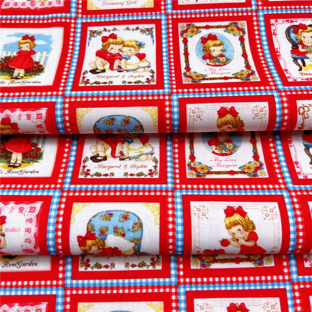 vintage Retro RED little girl 100% cotton fabric ,Patchwork Cloth,DIY Sewing Quilting Material For Baby skirt clothes