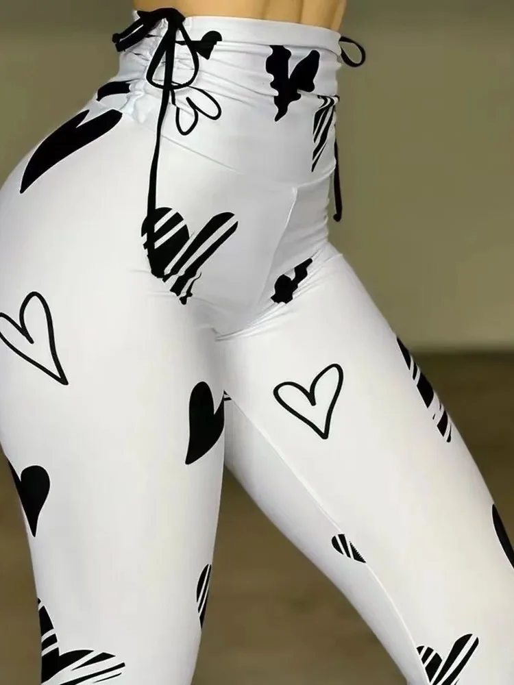 Summer Spring Women's Trousers Drawstring Love Pattern Print Yoga Exercise High Waist Fitness Leggings Ladies Cropped Pants
