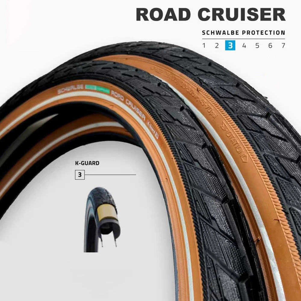 Schwalbe ROAD CRUISER Bicycle Tire 47-622 28x1.75 Steel Wited MTB Road Bike Brown Edge Tire with Reflective Strip 45-70PSI 50EPI